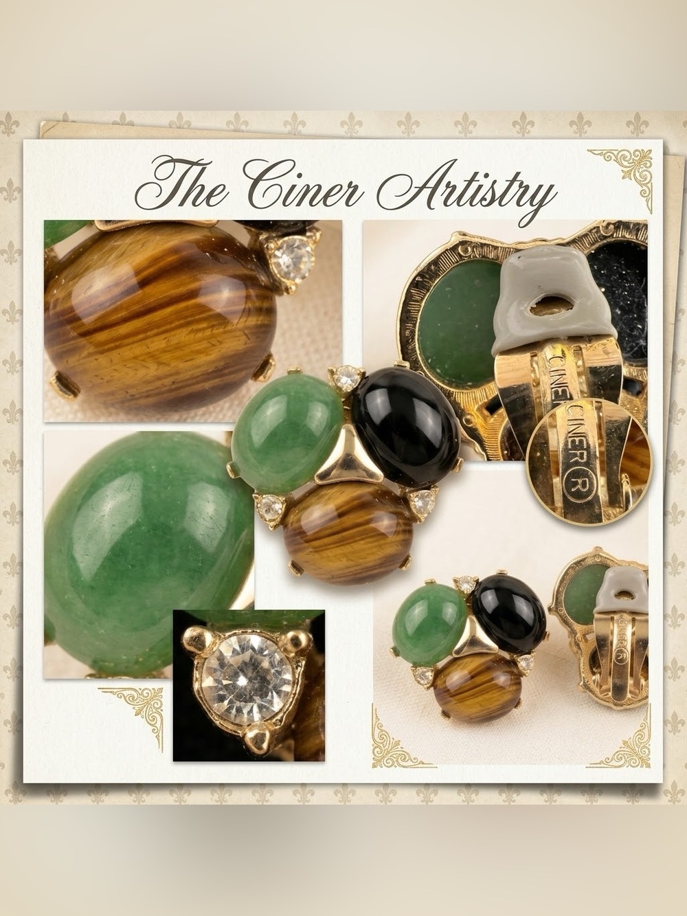 VTG ~ CINER Cabochon Cluster Clip on Earrings